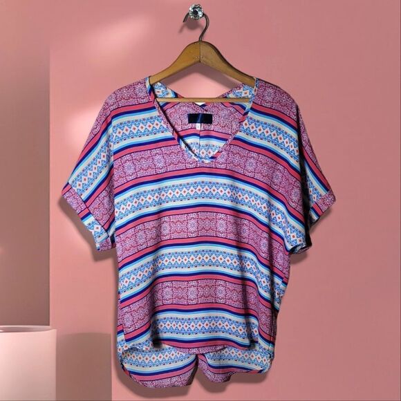 Blue Rain Stripes V-Neck Short Sleeve Blouse - Picture 1 of 5
